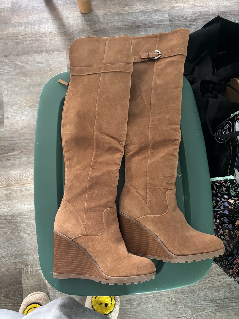 Over the knee tan 4” wedgie suede boots